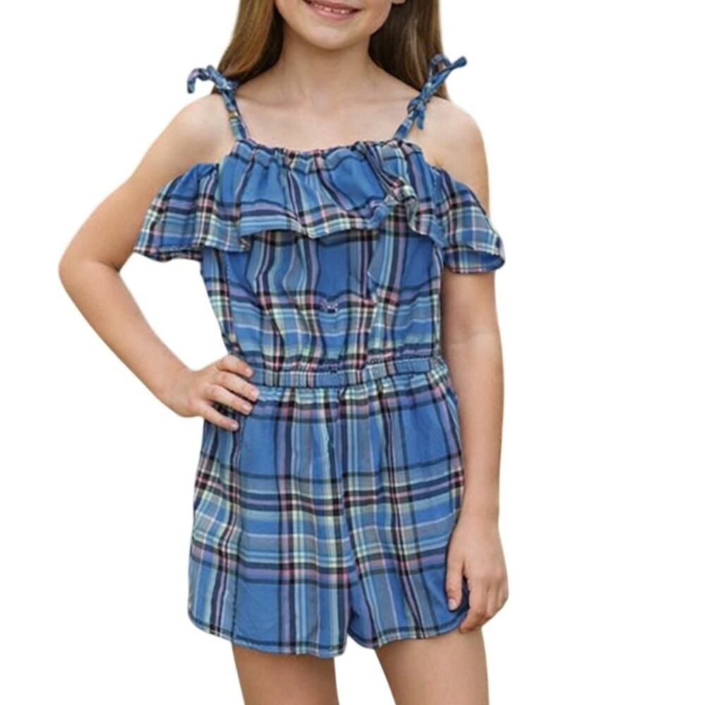 Tea Collection Girls 16 Blue Plaid Cotton Romper Jumpsuit Summer Outfit